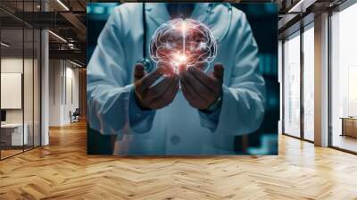 Medical doctor holding human brain hologram in hands. Health care, medicine, human anatomy concept Wall mural