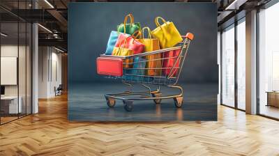 Metal shopping cart, Trolley market with paper bags, Small paper shopping bags with shopping cart Wall mural