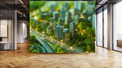 Mini city model, green building, The buildings and roads on green background, 3d rendering, Eco city Wall mural