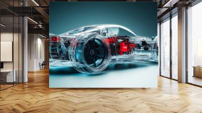 Model transparent car with engine inside, 3D illustration with transparent car Wall mural