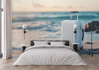 Modern suitcase standing on the sand at the sea. Summer concept, Travel, Flight, Vacation, Seaside holidays Wall mural