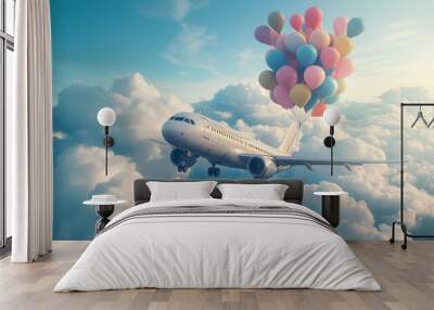 Passenger airplane tied to colorful balloons floating in the sky, Airplane with the balloons lifting as it gently drifts among the clouds  Wall mural