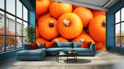 Pile of pumpkins at farmer market, Recently harvested orange pumpkins in a pile Wall mural