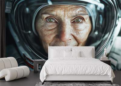 Portrait of elderly female astronaut in a spacesuit, Experience and determination that comes with age Wall mural