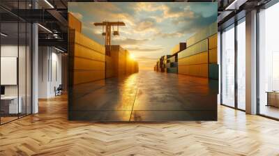 Shipping transport containers. Shipping system transport containers by cargo ships. Freight shipping transport system cargo ship container. Export-import business, logistics	 Wall mural