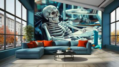 Skeleton businessman working in the office. Dead skeleton working at office Wall mural