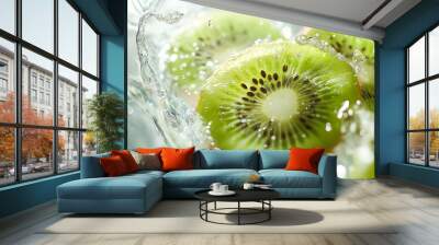 Slices of juicy ripe kiwi in water. Creative summer refreshing food layout. Kiwi slices fall into the water. Refreshing citrus fruit Wall mural