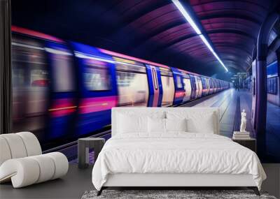 Tube station passing by at speed forming light trails from long exposure. Metro train passing station in fast movement, Transportation concept	 Wall mural