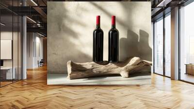 Two bottle of red wine with a composition of old wood. Minimalist composition, Product and packaging Wall mural