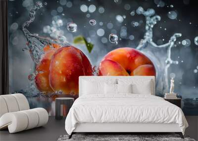 Two peach splash into the water, Creating a lively and invigorating scene that essence of freshness Wall mural