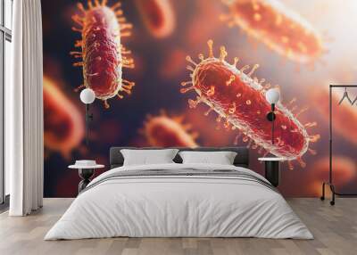 Virus or bacteria cells. Cocci bacteria and virus cells. Microscopic red bacteria. Placebo close up. health science. Virus in the microscope. Healthcare and medicine concept Wall mural