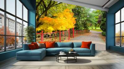 Autumn time in a park in the UK, with metal construction in the image. Wall mural