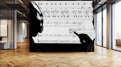 Two people working on a musical score using computer notation software. Not a real score, notes randomly drawn in by the photographer. Wall mural