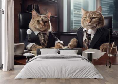 Cat manager and executive wearing a formal business suit in an office for a meeting or interview. Business and Corporate. Finance and Lawyer.  Thinking ideas. Success and win. Looking at camera. 
 Wall mural