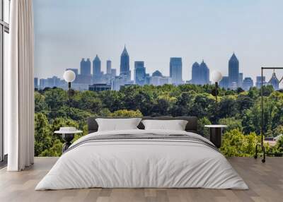 Downtown Atlanta Skyline showing several prominent buildings and hotels under a blue sky as seen from Buckhead in North Atlanta Wall mural