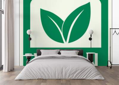 Green and cream Vegan vector graphic sign. It consists of a rounded green square with a cream panel containing two leaves, all above the word Vegan Wall mural