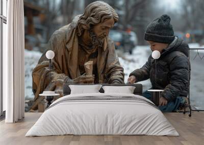  Jesus carving a life-size wooden sculpture in his hand, while next to him an adorable little boy wearing jeans and boots. Generative AI Wall mural