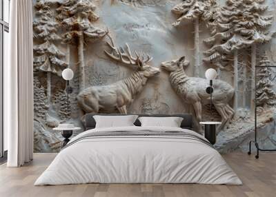 bas-relief, forest, deer far away view, epic, gypsum, masterpiece. Generative AI Wall mural