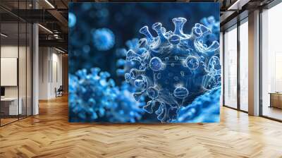 Detailed microscopic view of floating influenza virus particles. Generative AI Wall mural