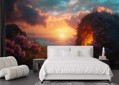 Empty tomb with crucifixion at sunrise - resurrection concept. Generative AI Wall mural