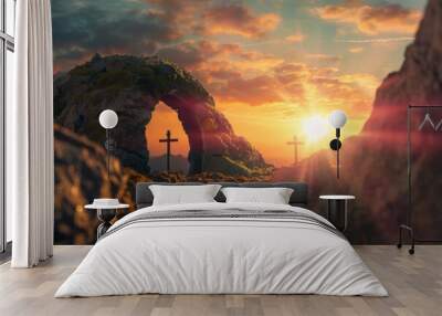 Empty tomb with crucifixion at sunrise - resurrection concept. Generative AI Wall mural