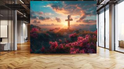 Empty tomb with crucifixion at sunrise - resurrection concept. Generative AI Wall mural