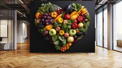 Food, vegetables, fruits and seasonings forming a heart from above. Generative AI Wall mural