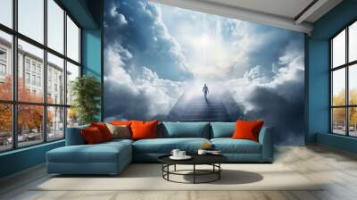 Person walking up stairway to heaven through clouds in the sky after death. Generative Ai Wall mural