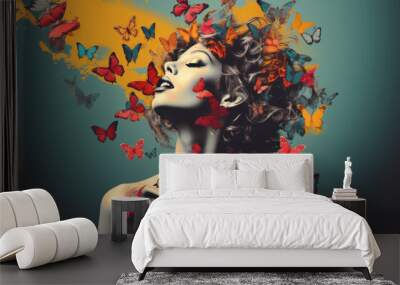 Surreal portrait of a woman with butterflies in her hair. Abstract photo in pop art collage style. Generative Ai Wall mural