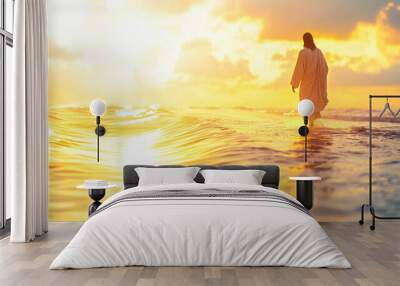 Symbolic Image of Jesus Walking on Water at Sunrise, Representing Faith and Miracles in a Spiritual and Serene Setting With Rippling Waves and Light. Generative AI Wall mural