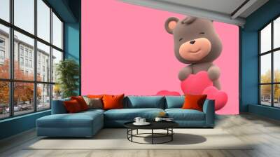 Teddy bear holding a heart. teddy bear isolated on pink background 3D Render. Wall mural