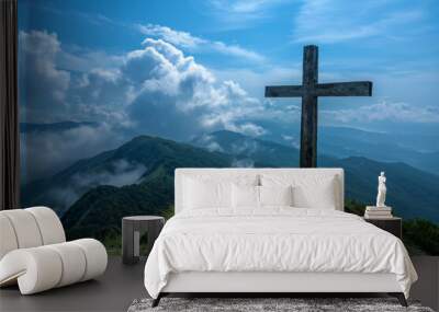 View of religious cross on top of mountain with sky and clouds. Generative Ai Wall mural