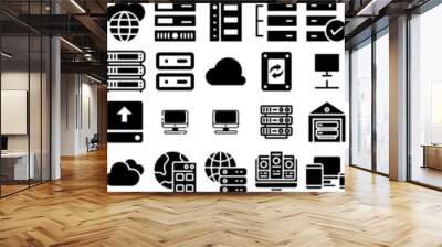 set of server icons isolated silhouette solid icon with internet, technology, data, server, network, Wall mural