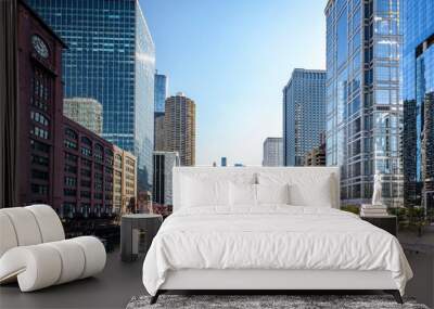 View of Chicago, Illinois and Chicago River with buildings and bridges  Wall mural