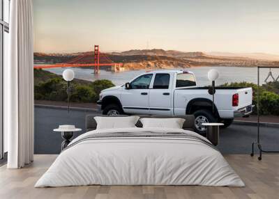 White Truck in front of the Golden Gate Bridge Wall mural