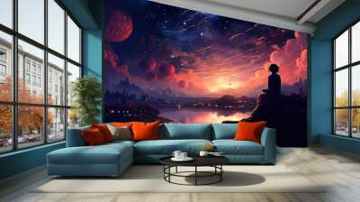 Silhoette of a girl overlooking a city at sunset, blue and red wallpaper Wall mural