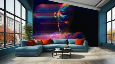 trendy neon makeup on the model. Woman with ultraviolet make-up. Disco night club chameleon. UV colors. Fashion of the future bright appearance. face Art. Copy space for text background Wall mural