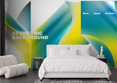 A collection of vibrant geometric backgrounds featuring waves in shades of azure, aqua, electric blue. Designs include circles, rectangles, patterns, logos with a font of grass graphics Wall mural