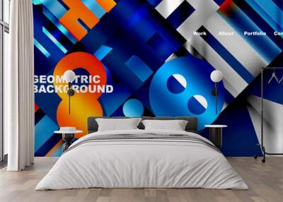 An electric blue and red geometric background featuring circles and triangles. The pattern resembles a dice game with a recreation theme, combining technology and playful elements Wall mural