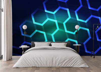 Hexagon abstract background. Techno glowing neon hexagon shapes vector illustration for wallpaper, banner, background, landing page, wall art, invitation, prints, posters Wall mural