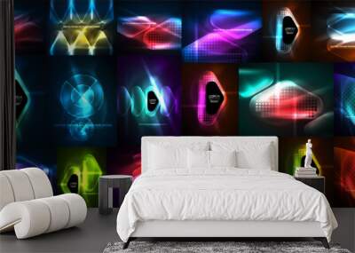 Neon glowing light abstract backgrounds collection, mega set of energy magic concept backgrounds Wall mural