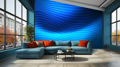 Smooth wave lines on blue neon color light background. Glowing abstract wave on dark, shiny motion, magic space light Wall mural