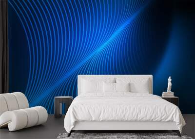 Trendy neon blue abstract design with waves and circles. Neon light glowing effect. Abstract digital background. Wall mural