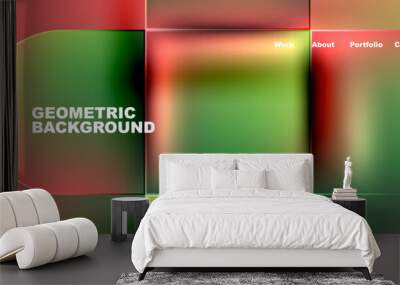 Vibrant red and green geometric background featuring a central circle, creating a fluid and colorful pattern. The closeup view reveals a liquidlike texture with magenta tints and shades Wall mural