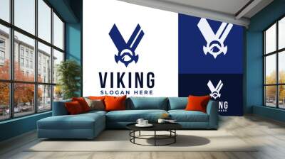 Creative Initial Letter V for Viking with Axe and Mountain Scandinavian Nordic Warrior Logo Design Branding Template Wall mural