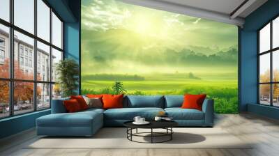 Beautiful green landscape with bright sun shining clouds, serene scenic Wall mural