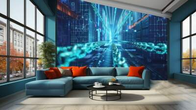 Blockchain-based supply chain management, perspective view of glowing blue green digital blockchain in dark blue technological, data deep design digital effect Wall mural