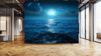 Blue moon over ocean, reflection weather moonlight horizon over water Wall mural