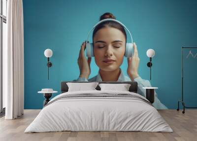 calm woman in noise cancelling headphones Wall mural