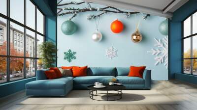 Christmas ornaments hanging on branch, ball cold ice Wall mural